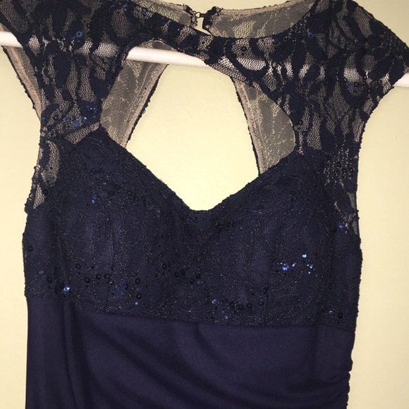Navy Lace Sequin Prom Dress - Picture 3 of 8